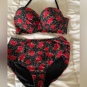 Betsy Johnson corset flower and leopard bikini set with velvet ties. RARE FIND